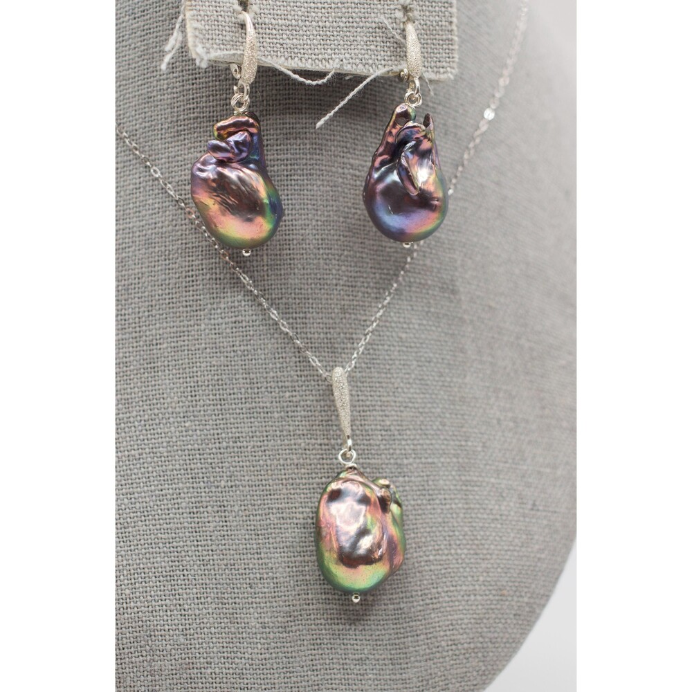 AA+ Peacock Baroque Pearl Necklace Earrings Sterling Silver Handmade Jewelry Set